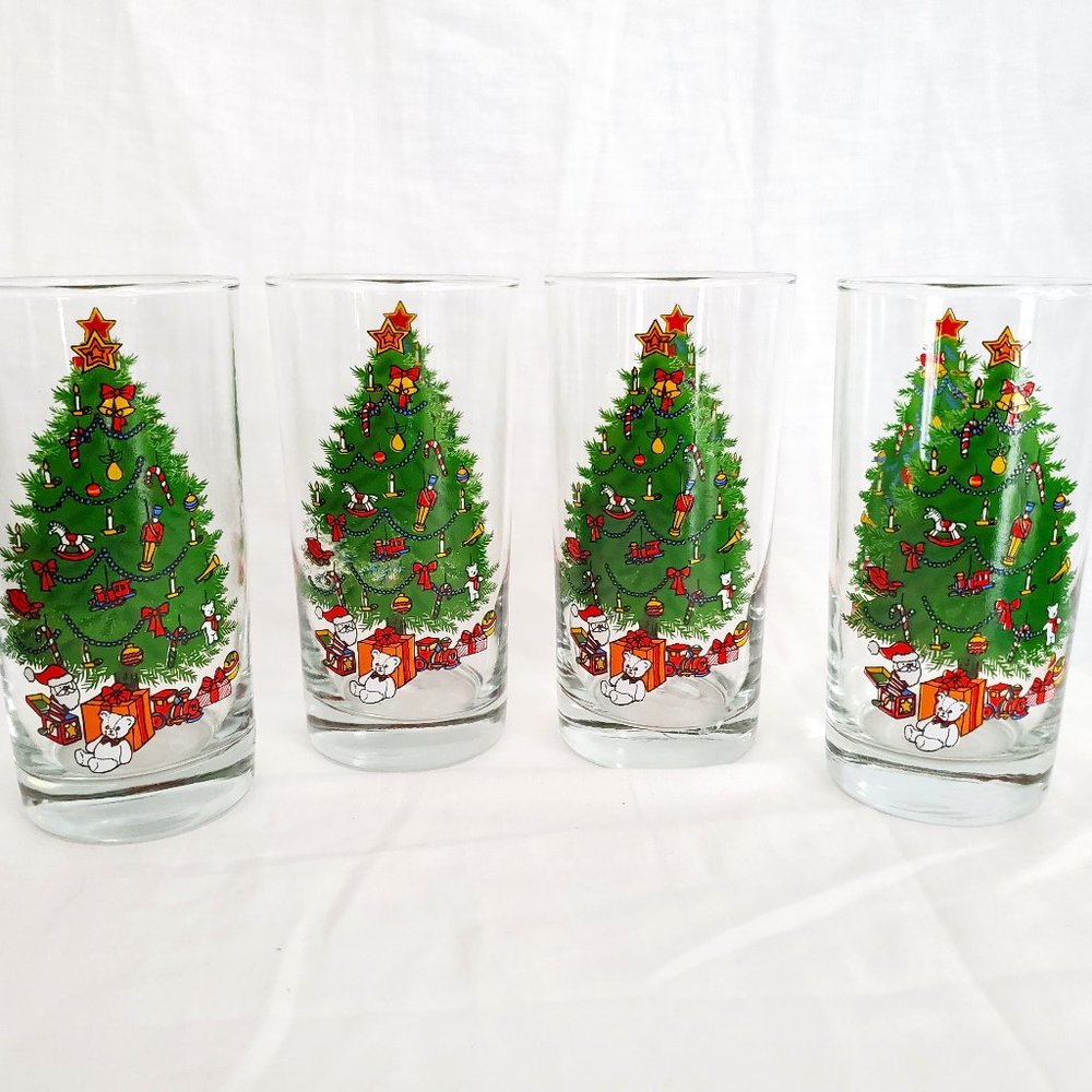 Vintage 1980s 4pc Christmas Tree Glass Set